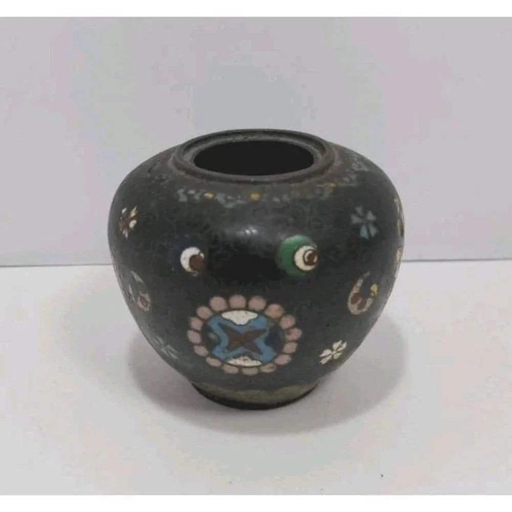 Vintage Cloisonne Mini Vase Black Floral Enamel 2.5